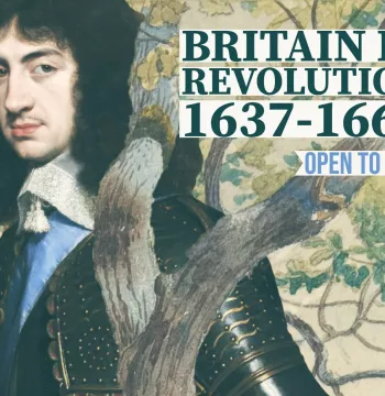 Armoured cavalier entwined with a tree. Title: 'Britain in Revolution 1637-1660'