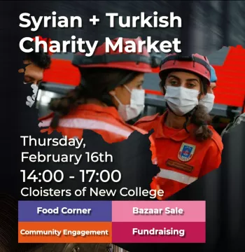 Relief workers in protective gear, with event details overlaid