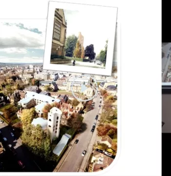 A collage of designs of the Gradel Quad, with Barbara presenting alongside