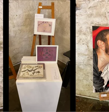 Compilation of student art, including two portraits