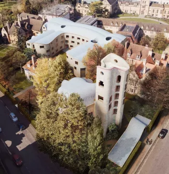An artist's aerial view of the Gradel Quadrangles