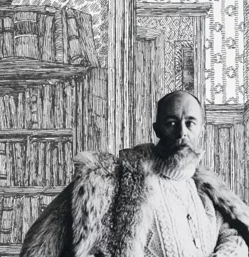 An image of Edward Gorey in a fur coat