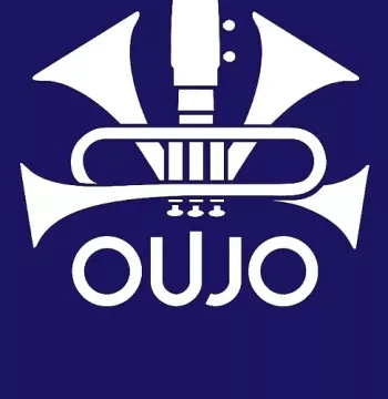 Logo of Oxford University Jazz Orchestra, showing brass instruments and white text on blue background