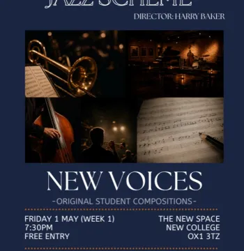 Event poster featuring photos of instruments, sheet music, and the event information