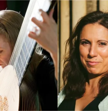 Side-by-side images of Lynda Sayce, playing a theorbo, and Lisete da Silva Bull smiling