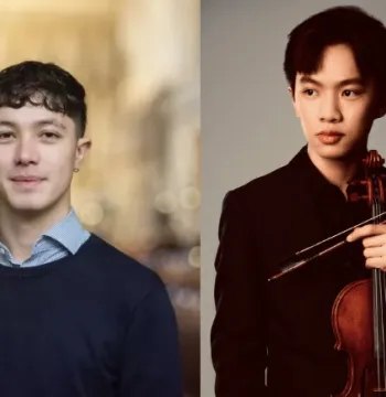 Hugh Rowlands, photographed inside New College Chapel, and Cyrus Yuen holding his violin
