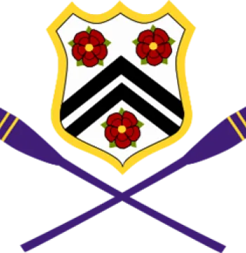 New College Boat Club Logo showing the New College crest above two purple rowing oars with gold stripes on the end of the oars.