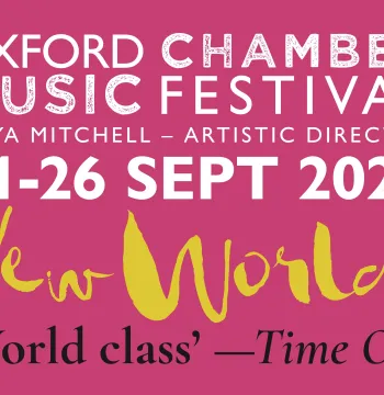 OCMF poster for the 2026 festival, with white lettering on pink background. Festival theme New Worlds in yellow text.